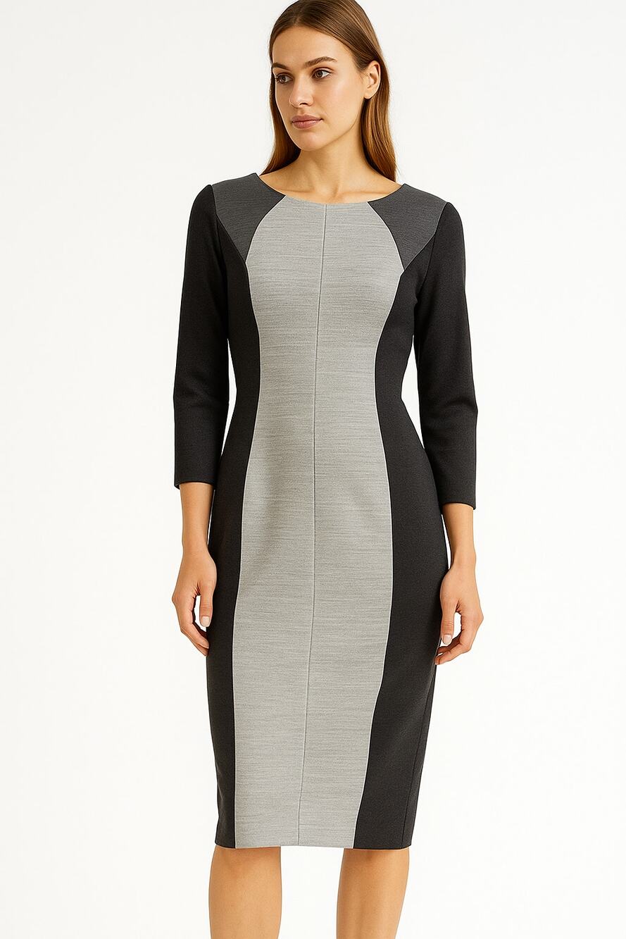 Escada Dolma Virgin Wool Knee Length Sheath Dress Gray Black 3/4 Sleeve EU 40 M